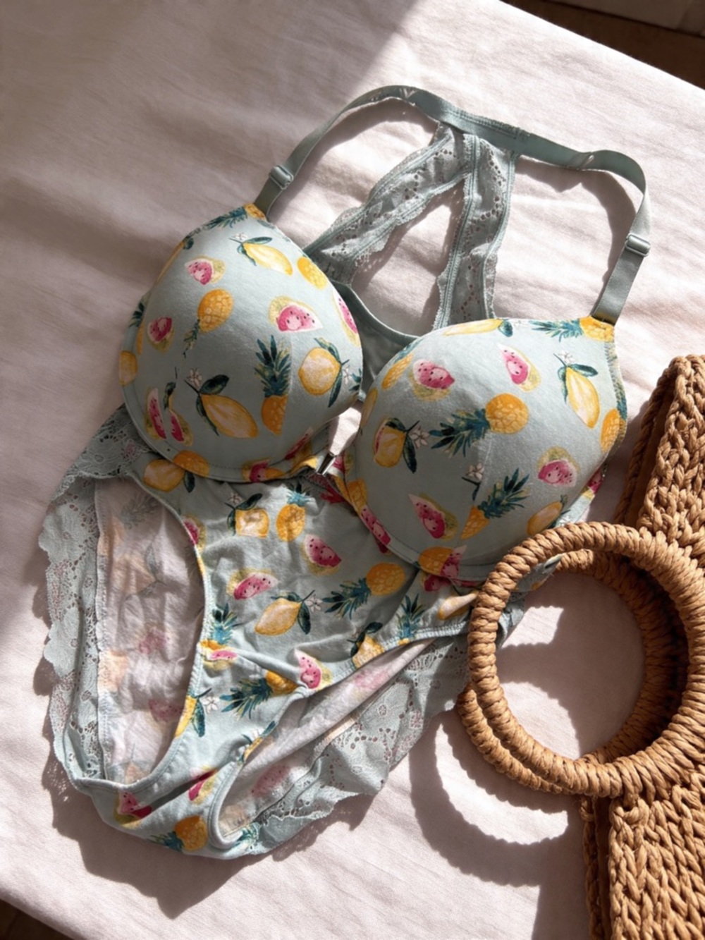 Cacique Light Blue Pineapple & Lemon Print Lace-Trim Bra Set